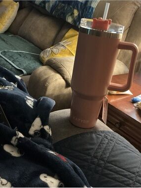 Katydid Matte Rose Pink Insulated Travel Tumbler with Handle and Straw